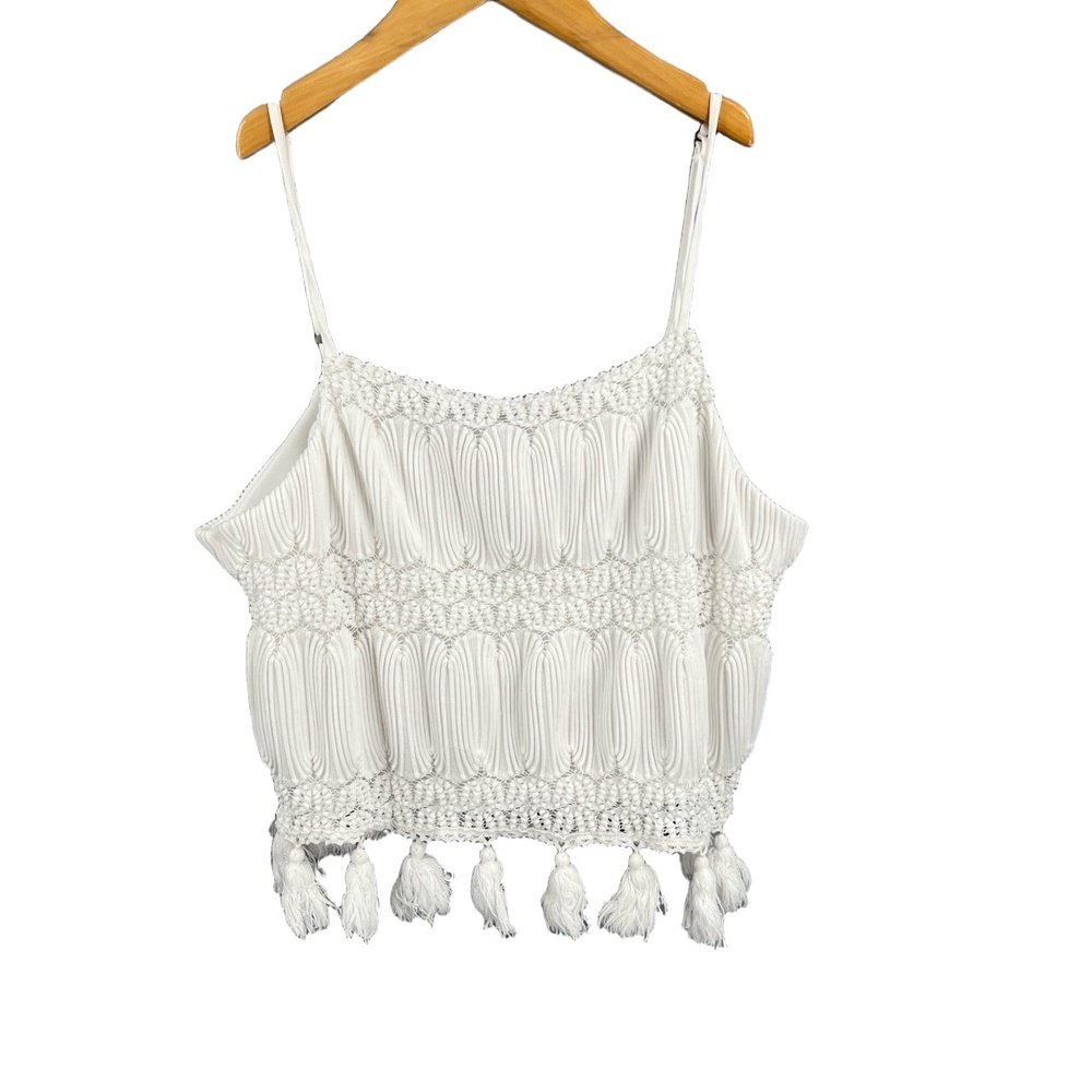 Show Me Your Mumu Top White Cropped Boho Lace Tassel Hem Summer Festival‎ Small